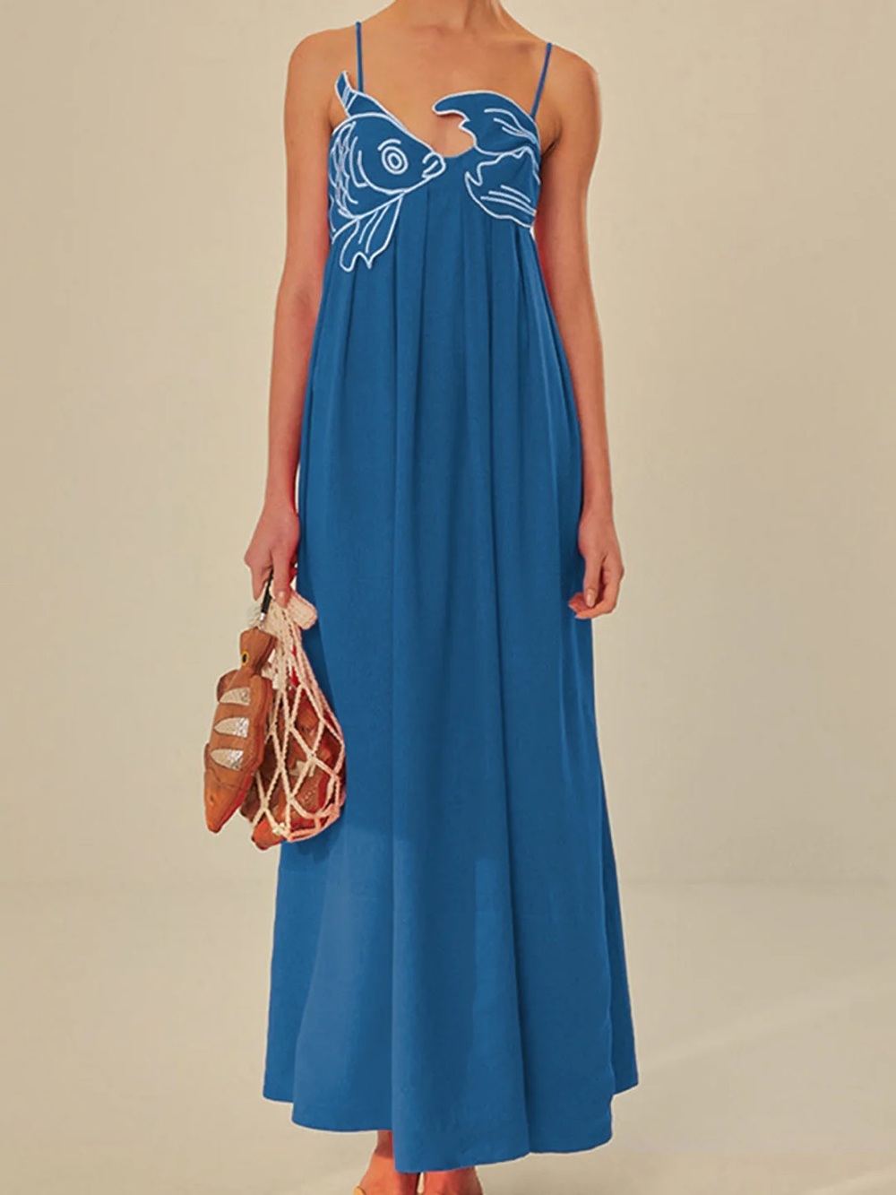 Commense Spaghetti Strap Dress with Fish Embroidery